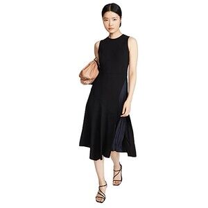 VINCE.  Asymmetric Paneled Crepe And Hammered Satin Midi Fit Flare Dress Small 2